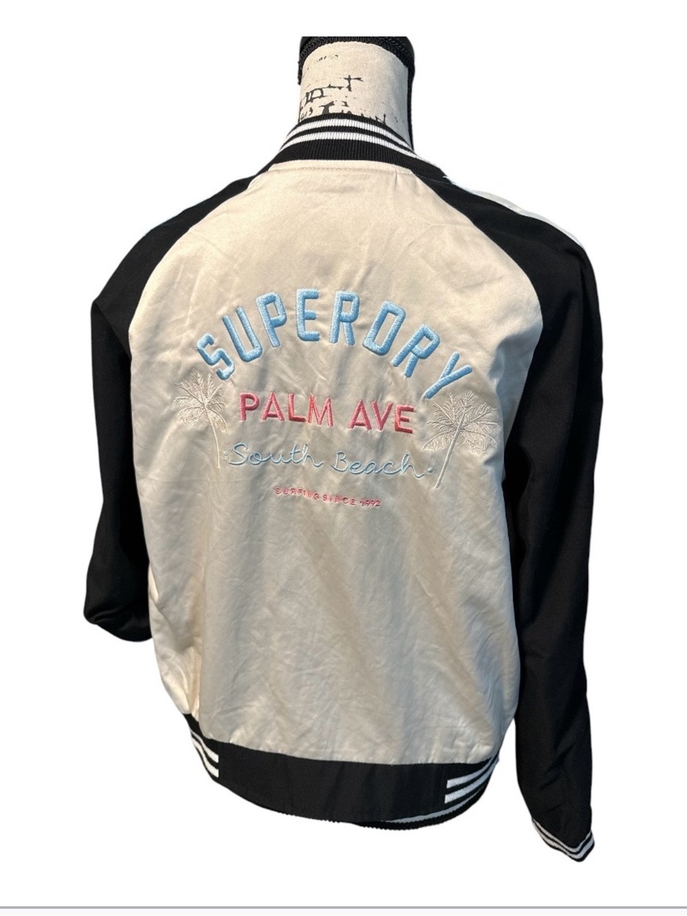 Two-Tone Satin Bomber Jacket Embroidered Palm Ave South Beach Cream Black Sz 6 - Picture 2 of 8